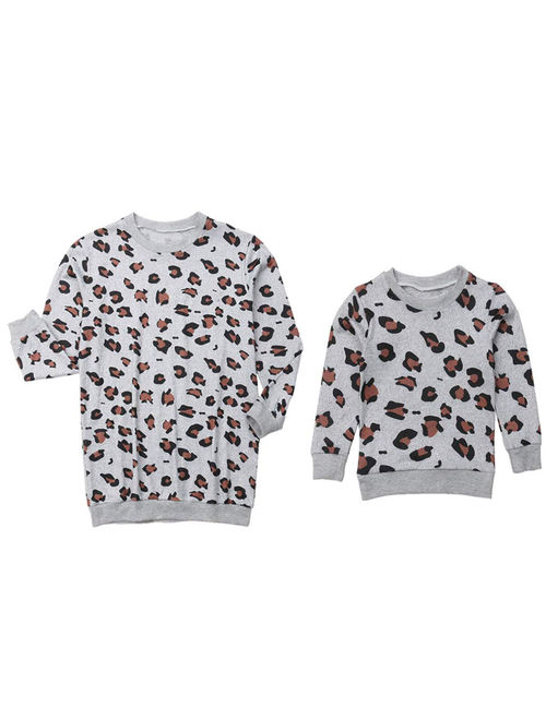 Family Matching Clothes Mother Daughter Leopard Long Sleeve Sweatshirt Tops