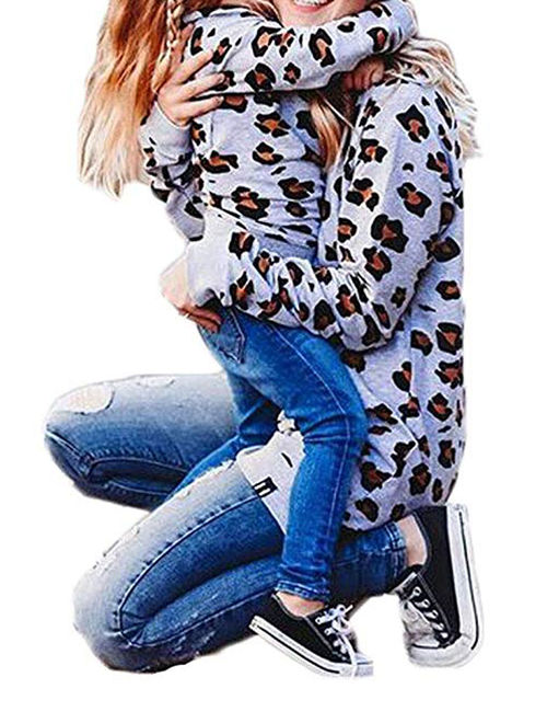 Family Matching Clothes Mother Daughter Leopard Long Sleeve Sweatshirt Tops