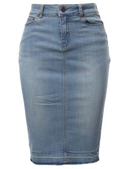 A2Y Women's Slim Fit Rayon Knee Length Back Slit Denim Jean Pencil Skirt Light Navy 1XL