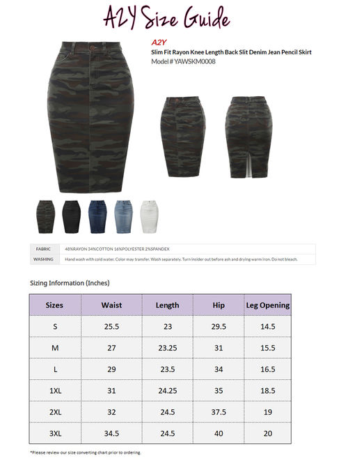 A2Y Women's Slim Fit Rayon Knee Length Back Slit Denim Jean Pencil Skirt Light Navy 1XL