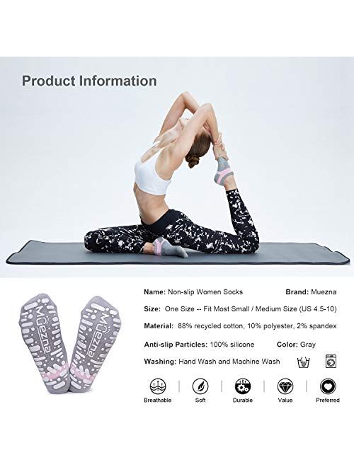 Muezna Non Slip Yoga Socks for Women, Anti-Skid Pilates, Barre, Bikram Fitness Socks with Grips, Size 5-10