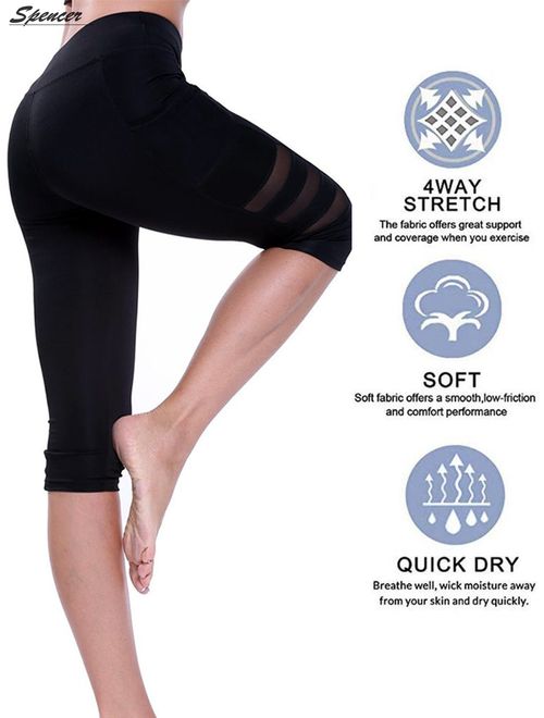 Spencer Womens High Waist Yoga Capri Pants with Side Pockets Tummy Control Workout 4 Way Stretch Yoga Leggings "Size M"