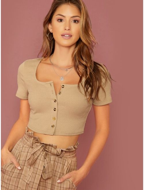 Shein Buttoned Placket Rib-knit Crop Top