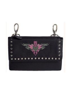 Leather Biker Hip Purse, Embroidered Pink Tribal Design