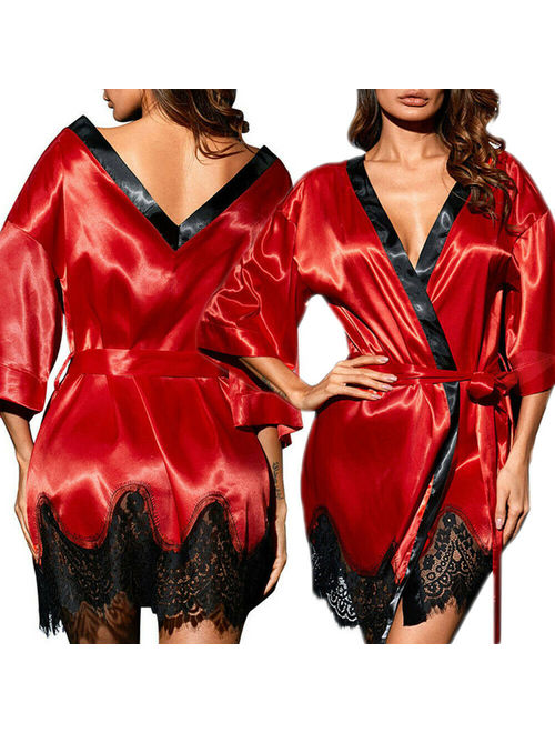 Women Satin Lace Silk Underwear Lingerie Nightdress Sleepwear Robe Plus Size