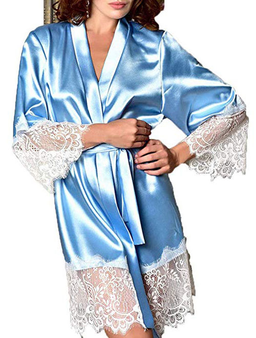 Multitrust Women Long Lace Robe Satin Silk Night Gown Sleepwear Bathrobe Kimono