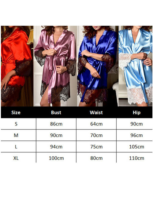 Multitrust Women Long Lace Robe Satin Silk Night Gown Sleepwear Bathrobe Kimono
