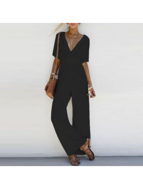 Multitrust Women V Neck Loose Playsuit Party Ladies Romper Short Sleeve Long Jumpsuit
