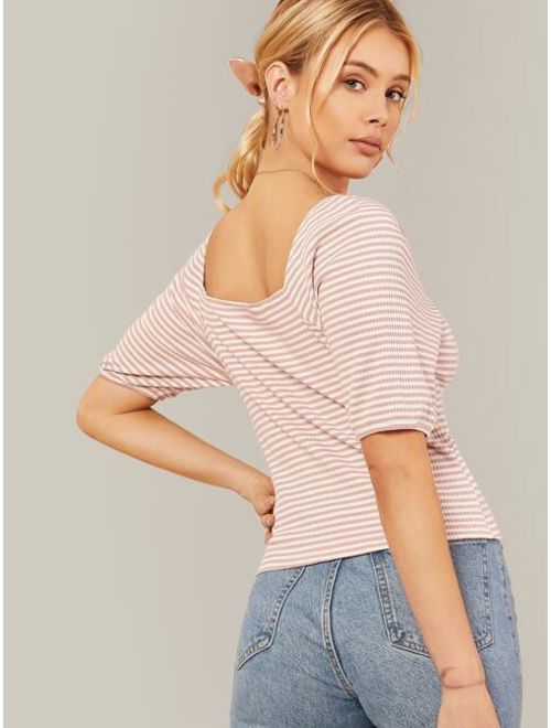 Shein Square Neck Buttoned Front Rib-knit Striped Top