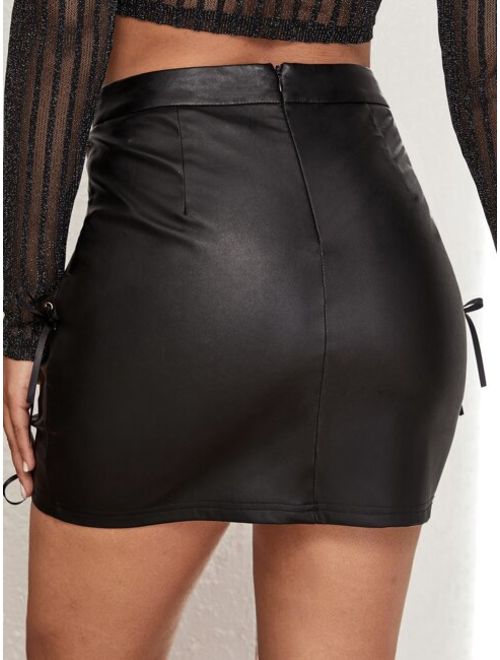 Shein Grommet Eyelet Lace Up Front PU Leather Skirt