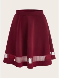 Wide Waistband Mesh Insert Flare Skirt