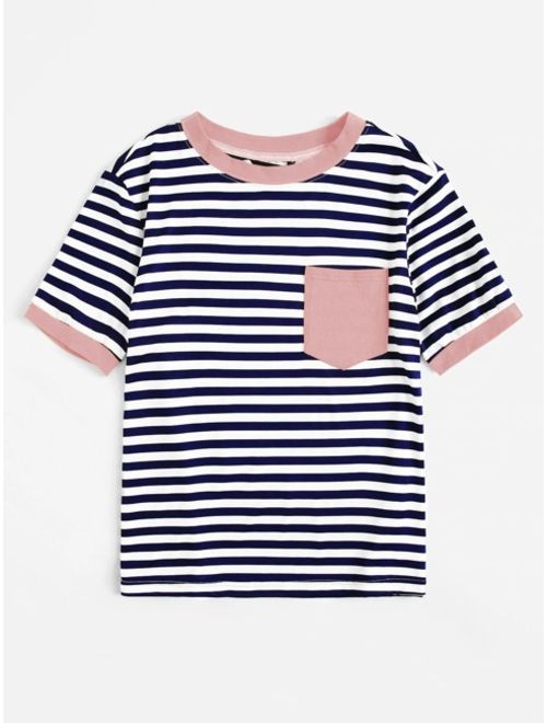 Shein Pocket Patched Striped Ringer T-shirt