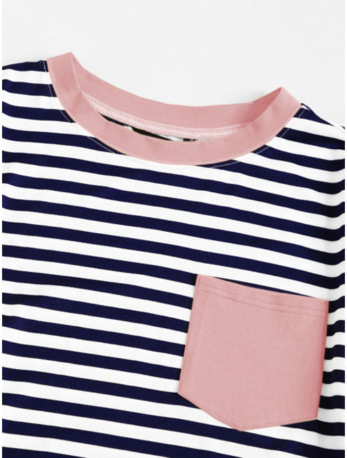 Shein Pocket Patched Striped Ringer T-shirt