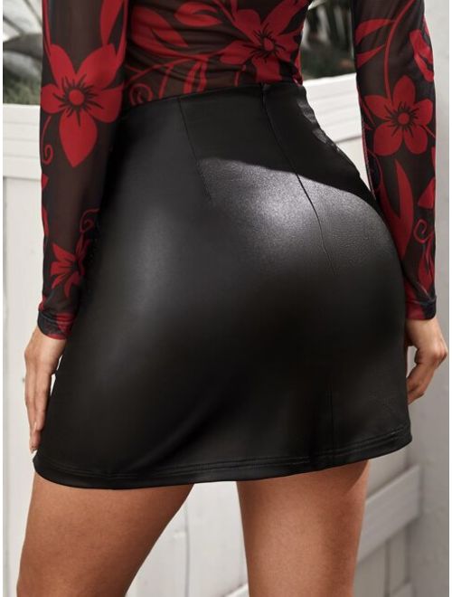 Shein Zip Back Slit Hem Leather Look Bodycon Skirt