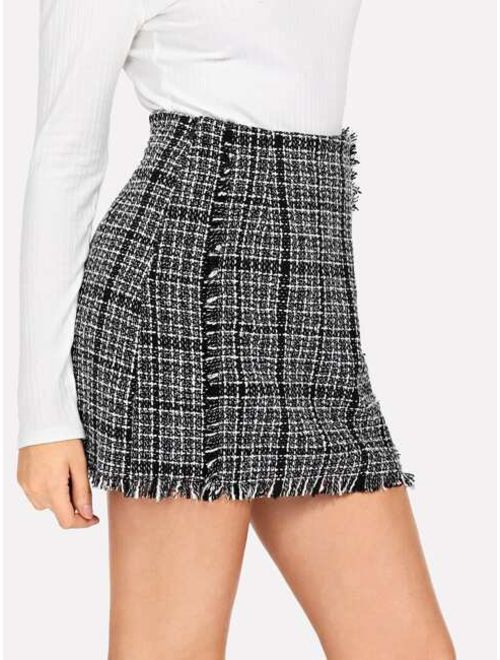 Shein Frayed Trim Plaid Tweed Skirt