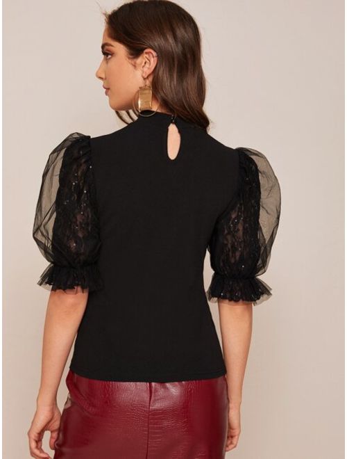Shein Keyhole Back Lace Puff Sleeve Sequin Detail Top