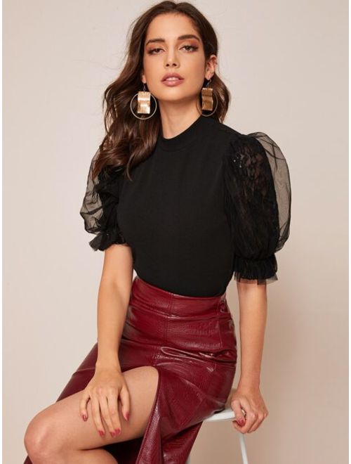 Shein Keyhole Back Lace Puff Sleeve Sequin Detail Top