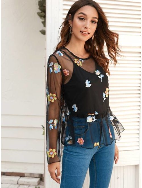 Floral Embroidered Mesh Peplum Top With Cami Top