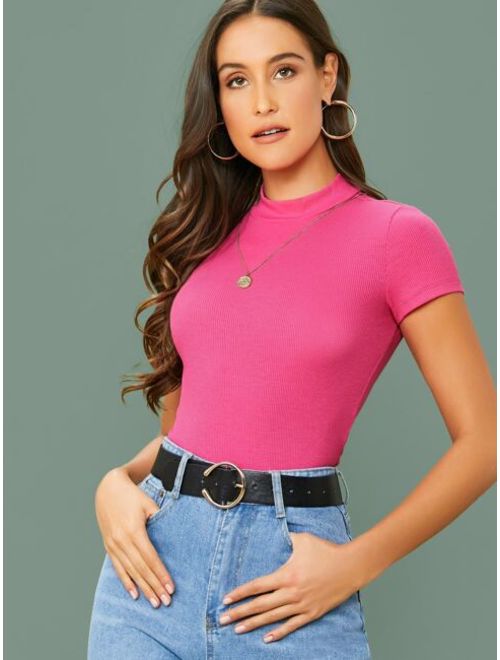 Shein Mock-Neck Rib-knit Fitted Top