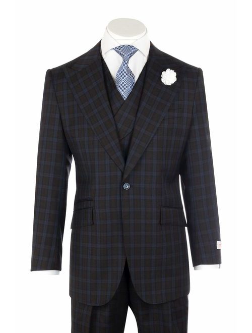 Tiglio New Rosso Brown with Black Checkered Navy Windowpane Wide Leg Pure Wool Suit & Vest Rosso R7413/3
