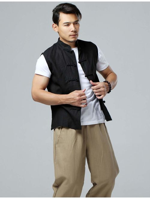 LZJN Mens Summer Waistcoat Chinese Style Vintage Kung Fu Shirt Sleeveless Vest Jacket