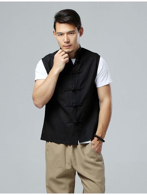 LZJN Mens Summer Waistcoat Chinese Style Vintage Kung Fu Shirt Sleeveless Vest Jacket