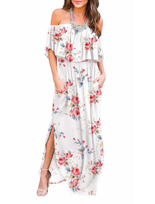 LILBETTER Floral Off The Shoulder Ruffle Party Dresses Side Slit Beach Maxi Dress