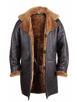BRANDSLOCK Mens Genuine Shearling Sheepskin Leather Warm Duffle Trench Coat