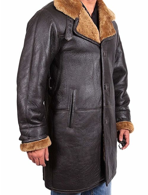 BRANDSLOCK Mens Genuine Shearling Sheepskin Leather Warm Duffle Trench Coat