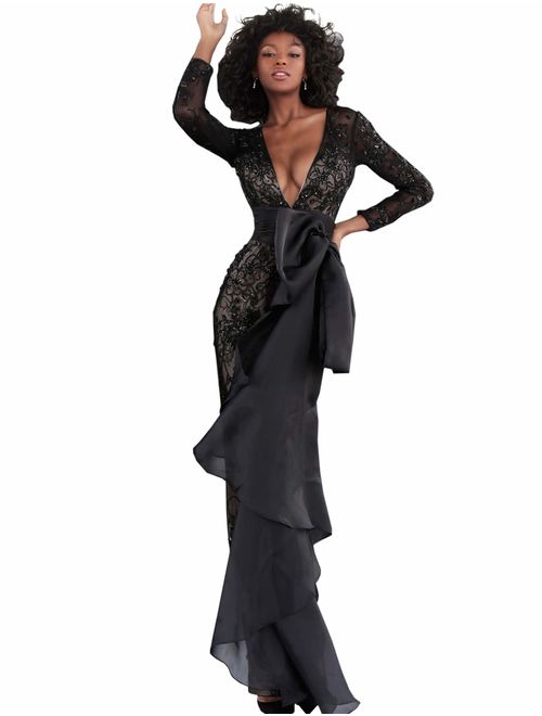 Jovani Black Low V Neck Long Sleeve Prom Jumpsuit Dress 64068