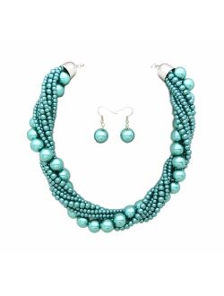 Fashion 21 Women's Twisted Multi-Strand Simulated Pearl, Acrylic Ball Statement Necklace and Earrings Set