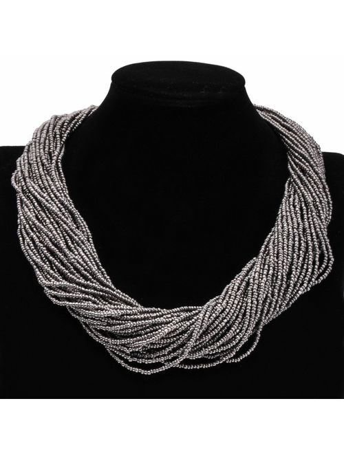 Fashion Multilayer Seed Bead Chain Choker Collar Necklace Earrings Set Cluster Strand Handmade Bib Statement Necklace