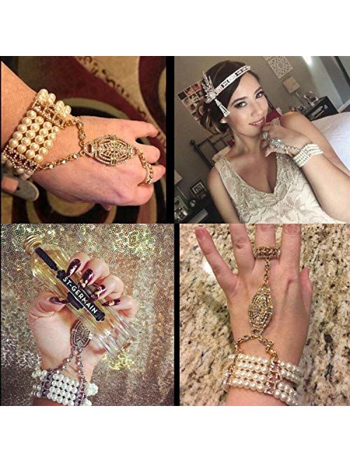 Coucoland 1920s Flapper Bracelet Ring Set Roaring 20s The Great Gatsby Austrian Crystals Imitation Pearl Bracelet Accessory