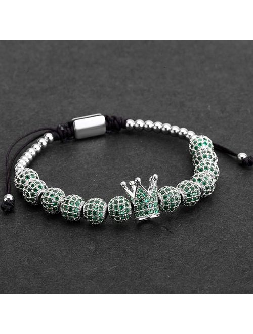 FENGHUIHUI Men Luxury CZ Crown Braided Copper Bracelets with Micro Pave Cubic Zirconia Beads Pulseira Bangle Charm Jewelry for Women Men