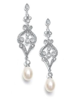 Mariell Vintage Cubic Zirconia Rhodium Scroll Bridal Earrings with Genuine Freshwater Pearl Drops