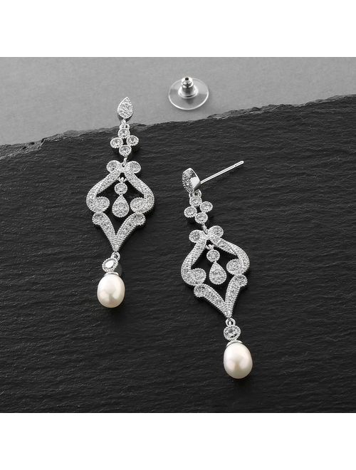 Mariell Vintage Cubic Zirconia Rhodium Scroll Bridal Earrings with Genuine Freshwater Pearl Drops
