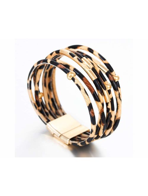 Fesciory Women Multi-Layer Leather Wrap Bracelet Handmade Wristband Braided Rope Cuff Bangle with Magnetic Buckle Jewelry