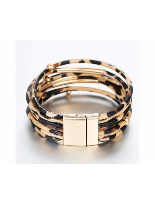Fesciory Women Multi-Layer Leather Wrap Bracelet Handmade Wristband Braided Rope Cuff Bangle with Magnetic Buckle Jewelry