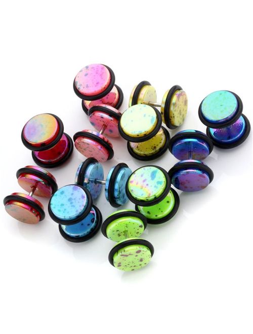 PiercingJ 12pcs Mixed Color Acrylic Stainless Steel Barbell Stud Earrings/Fake/Cheater/Illusion Plug Earrings Set 6g-00g Look