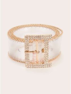New Year Rhinestone Engraved Square Buckle Transparent Belt