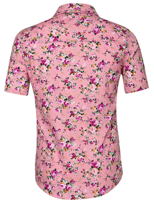 Men Casual Cotton Slim Fit Floral Print Short Sleeve Button Down Shirt Rose Red S US 34