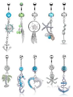 FIBO STEEL 9-10 Pcs Dangle Belly Button Rings for Women 316L Surgical Steel Curved Navel Barbell Body Jewelry Piercing