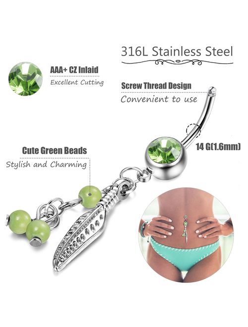 FIBO STEEL 9-10 Pcs Dangle Belly Button Rings for Women 316L Surgical Steel Curved Navel Barbell Body Jewelry Piercing