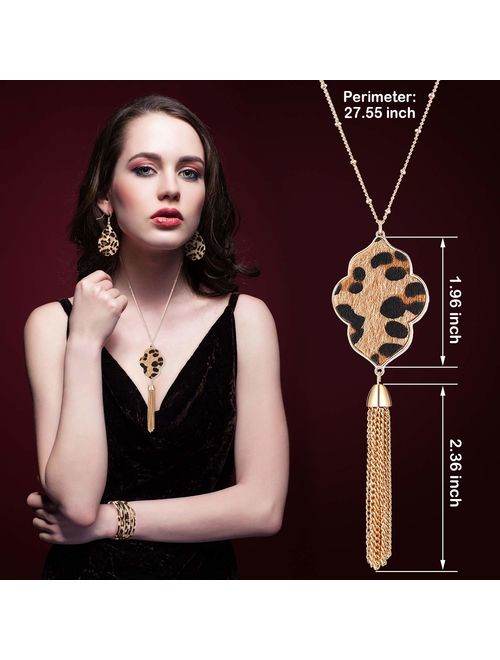 Hicarer 3 Pieces Leopard Jewelry Set Leopard Leather Bracelet Dangle Earring Necklace for Women