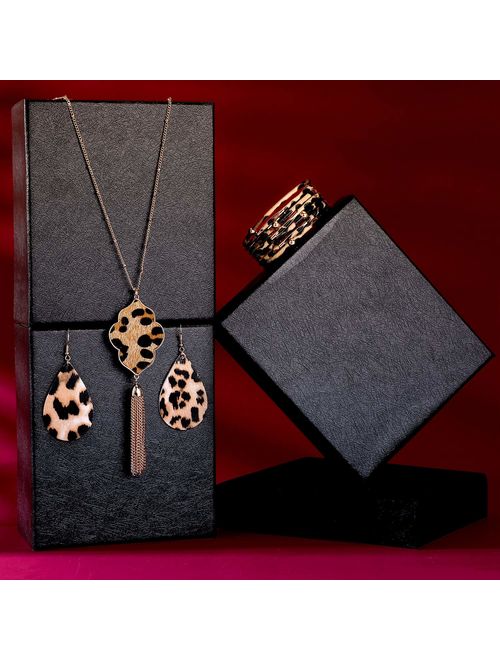 Hicarer 3 Pieces Leopard Jewelry Set Leopard Leather Bracelet Dangle Earring Necklace for Women