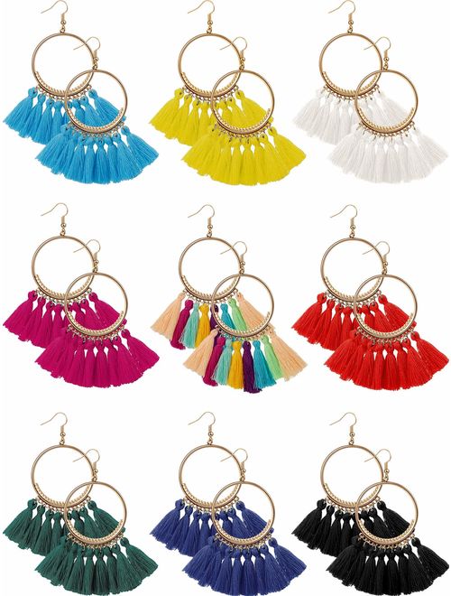 9 Pairs Tassel Hoop Earrings Bohemia Fan Shape Drop Earrings Dangle Hook Eardrop for Women Girls Party Bohemia Dress Accessory