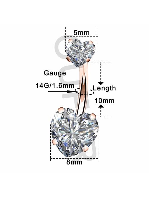 OUFER 14G Surgical Steel Faceted Heart Cubic Zirconia Navel Rings Body Piercing Jewelry