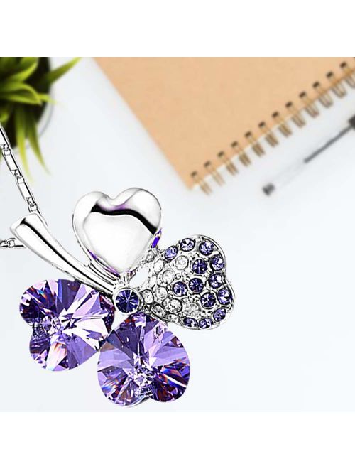 TRUEGOOD Lucky Love Four Leaf Clovers Necklace Crystals,Heart Crystal Pendant with Necklace