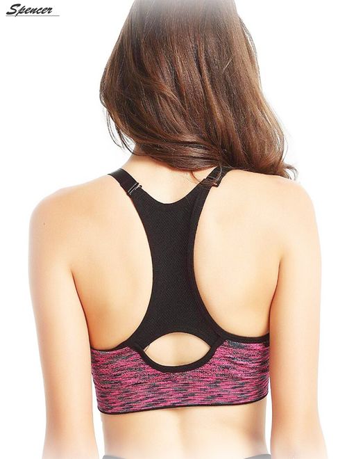Spencer Women's Seamless Sports Bra Mesh Removable Pad Yoga Lingerie Bras Racerback High Impact Workout Crop Tops "L,Rose Red"