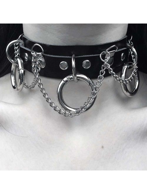 Jurxy Choker Necklace PU Leather Goth Choker Collar with O Shape Punk Rock Collar Adjustable Size -Black